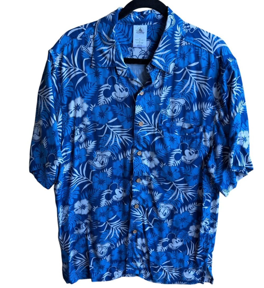 Disney Vintage Hawaiian Shirt Men's Blue Mickey Mouse Donald Duck Size Medium